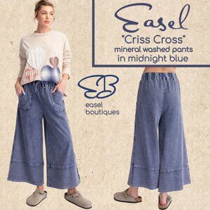 EASEL "Criss Cross" Mineral Washed Cotton Raw Seams Cropped Flared Pants Pockets